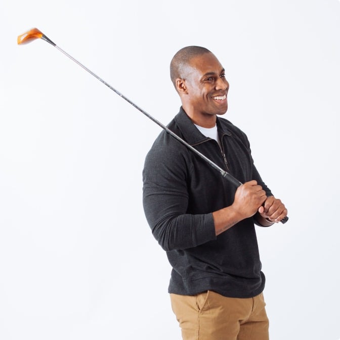 Crew neck undershirt with gray quarter-zip sweater
